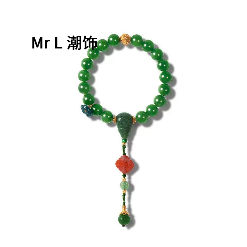 天然和田碧玉手串女款S925银镀18K金南红9mm圆珠手链源头2025新款