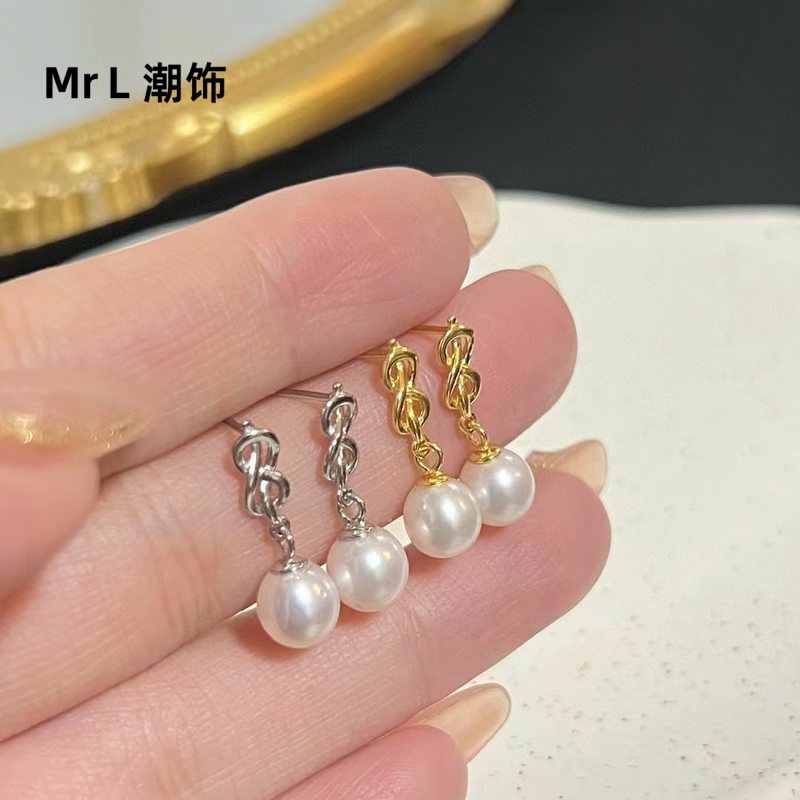 8字中国结S925银耳钉6.5-7mm圆形珍珠耳环好品质珍珠耳钉气质银针