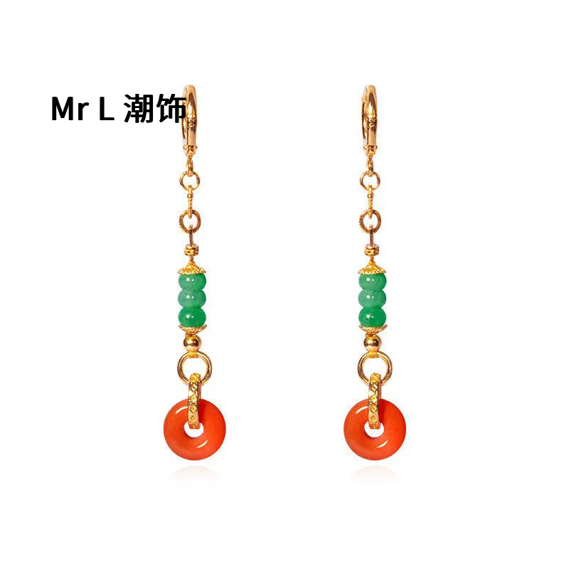 天然火焰南红耳环女款S925银镀18K金A货翡翠平安扣耳坠2025新款