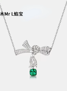 跨境专供蝴蝶结培育祖母绿项链S925银枕形培育彩宝锁骨链通勤清新