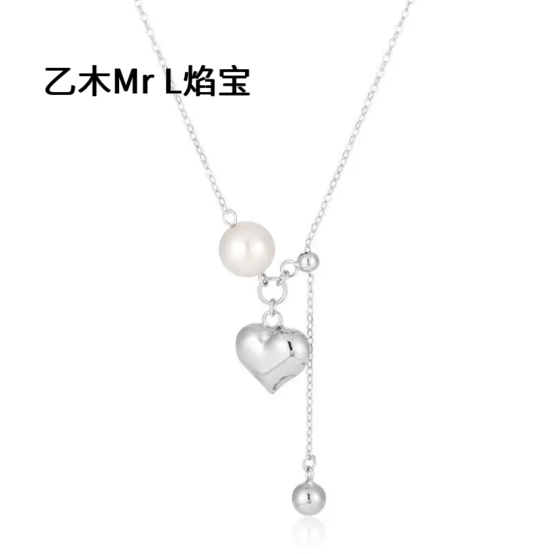 S925银爱心贝珠项链可调节流苏锁骨链冷淡风立体桃心吊坠修饰脖颈