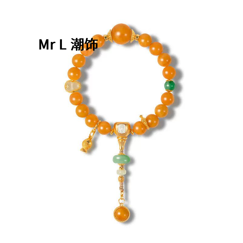 天然老蜜蜡手串女款S925银镀18K金和田玉翡翠9mm圆珠手链2025新款