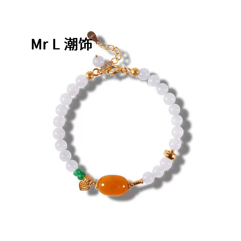 天然新疆烟紫和田玉手链女S925银镀18K金蜜蜡6mm圆珠手串2025新款