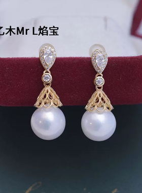 诸暨淡水10-11mm正圆强光细微瑕白色珍珠耳钉S925银款耳坠耳饰