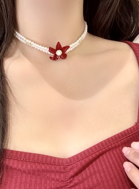 丽银短款双层白色珍珠项链新款丽贝丽影新年红色鸢尾花叠带锁骨链