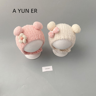 婴儿帽子秋冬季 男女宝宝可爱毛绒帽婴幼儿小月龄毛线帽保暖护耳帽