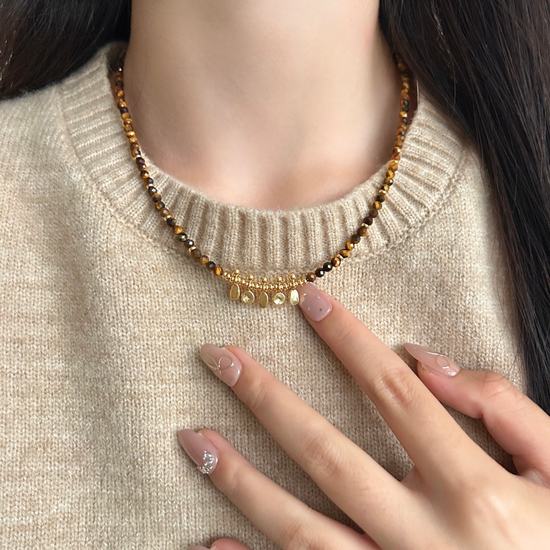 秋冬虎眼石串珠吊坠项链女毛衣链