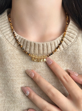 秋冬虎眼石串珠吊坠项链女毛衣链