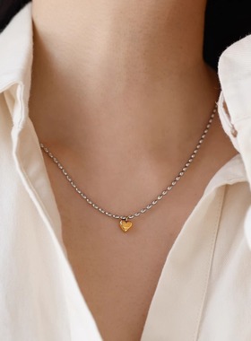 金银撞色小爱心钛钢项链女锁骨链