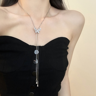 银色蝴蝶长款流苏项链女2025新款小众设计高级感可抽拉锁骨链配饰