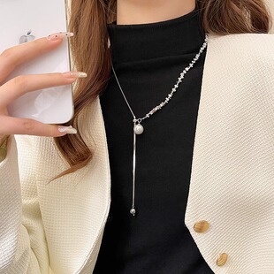碎银几两珍珠项链女轻奢小众锁骨链气质毛衣链高级感抽拉式颈链潮