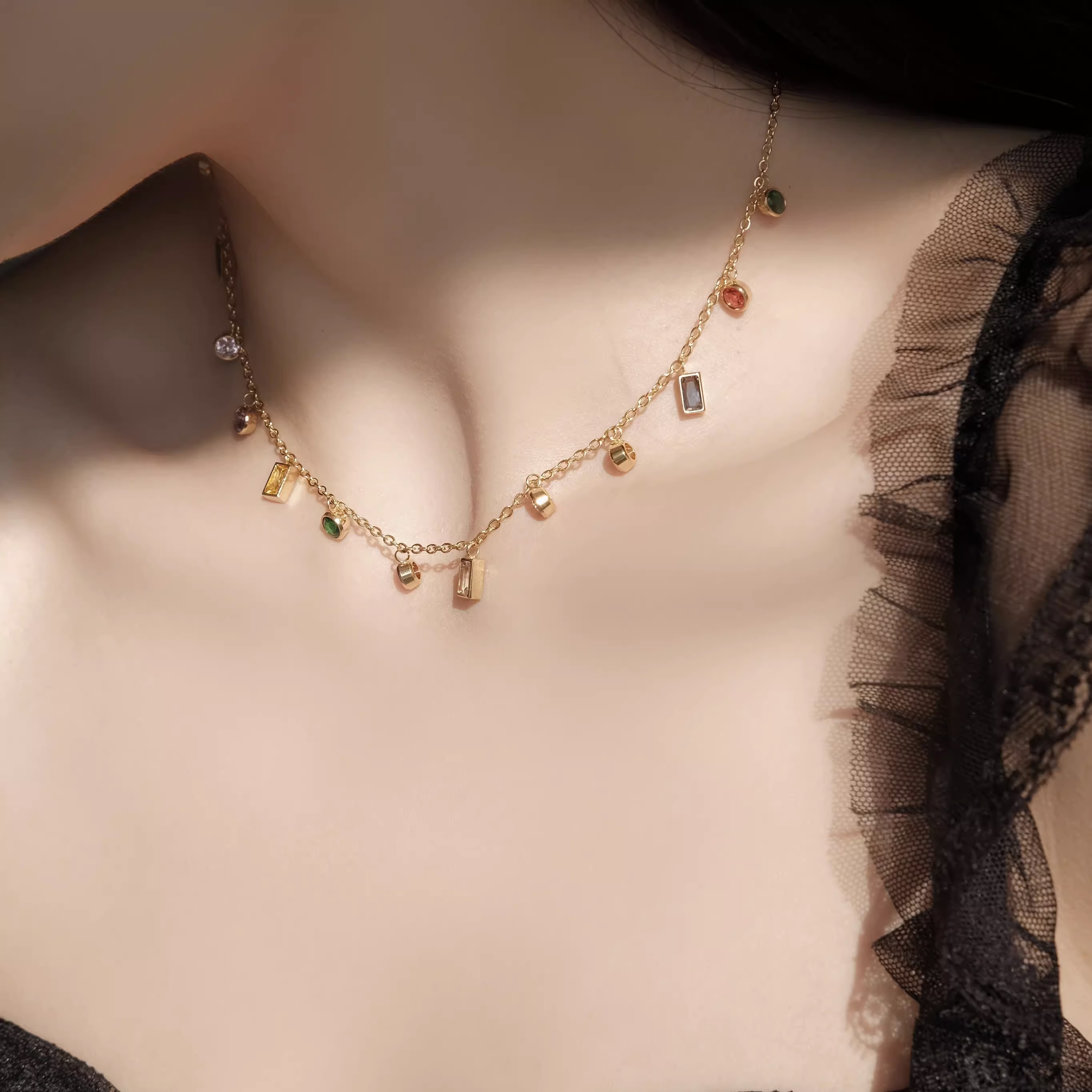 项链女彩色锆石多巴胺锁骨链