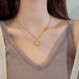 夏季钛钢不掉色暴富小金砖吊坠项链小众气质高级感锁骨链颈链女潮