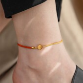 钛钢双面立体小福牌红绳脚链女2024年新款 潮小众轻奢不掉色足链潮