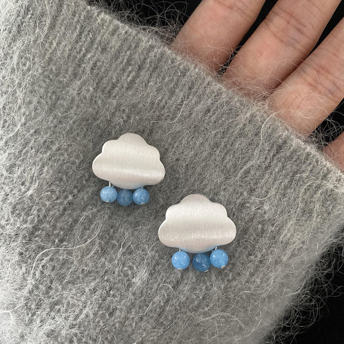 小众冷淡风磨砂银云朵雨滴耳钉