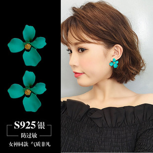 S925纯银针夸张花朵耳环韩国百搭个性 吊坠潮人耳坠气质耳钉女耳饰