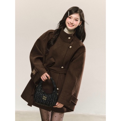 韩系高领毛呢中长双排扣收腰外套