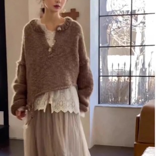 温柔风套装设计感针织衫内搭蕾丝T恤上衣女秋冬纱裙半身裙三件套
