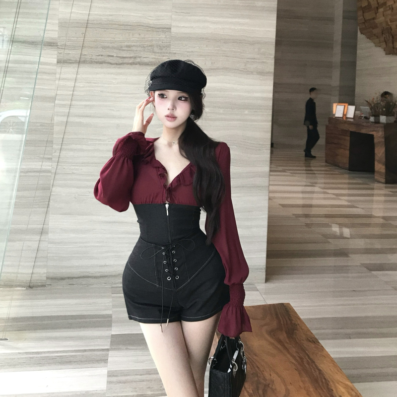 法式荷叶边灯笼袖衬衫女秋季撞色拼接收腰上衣绑带包臀短裤裙套装