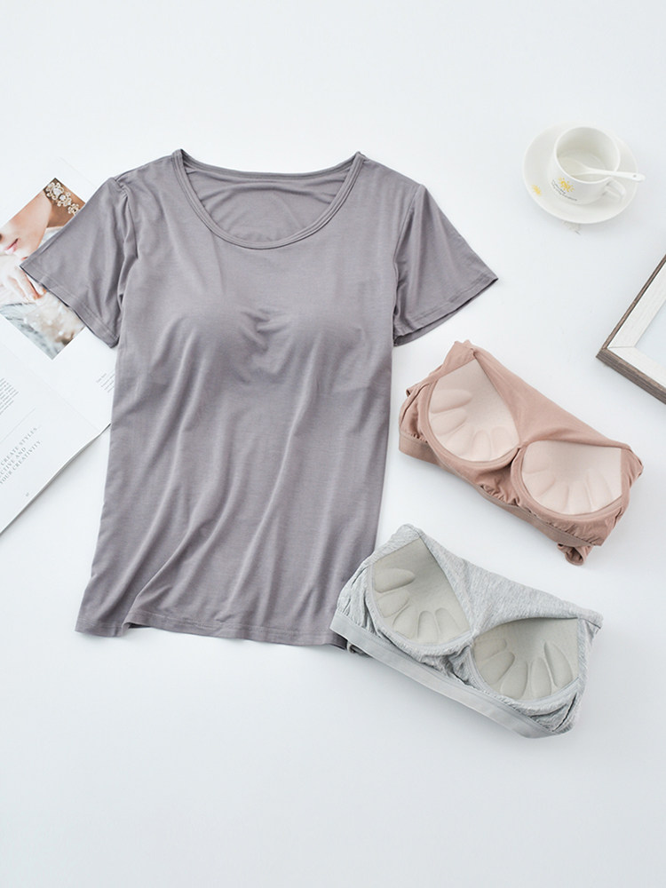 WITH CHEST PAD MODAL SHORT-SLEEVED T-SHIRT WOMENS SUMMER THIN SINGLE TOP SOLID COLOR ALL-IN-ONE BRA-FREE HALF-SLEEVED PAJAMAS