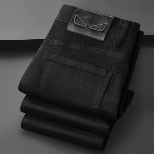 秋冬款欧货轻奢加厚男士黑色防褪色牛仔长裤弹力修身小直筒裤潮