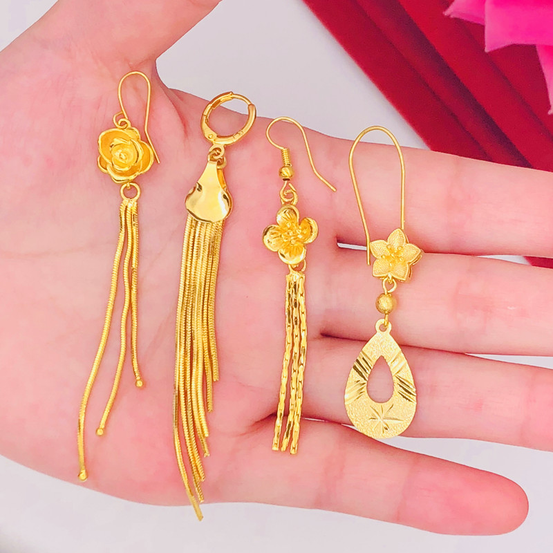 时尚新沙金耳环女铜镀金假黄金长款玫瑰花爱心圆珠珠流苏耳线耳坠