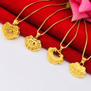 时尚沙金福字长命锁小号儿童满月平安锁铜镀金假黄金小孩抓周项坠