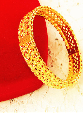 新款钱币沙金手镯子女宽五角硬币打造镂空铜钱纹仿真镀黄金首饰品