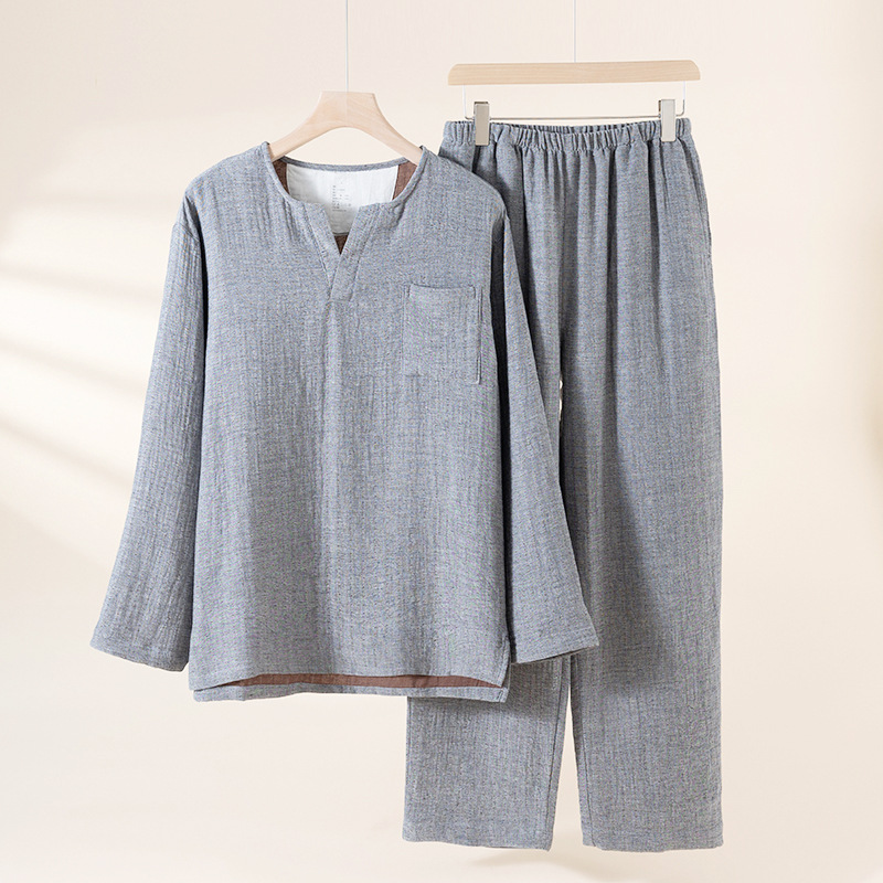 春秋新款男双层纱睡衣家居服