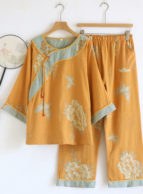 宫廷风新中式女士双层纱纯棉睡衣家居服两件套可外穿中年妈妈装