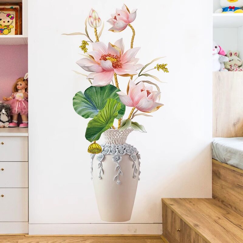 3d立体荷花花瓶墙贴客厅玄关沙发背景墙卫生间走廊美化自粘贴画