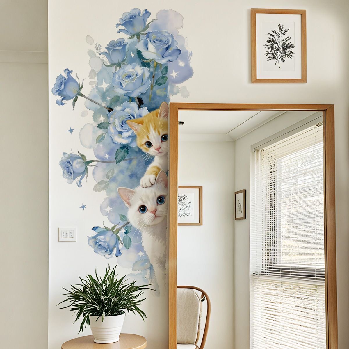 新款蓝色花朵可爱猫咪自粘墙壁贴纸墙面遮丑补洞房间镜子装饰画