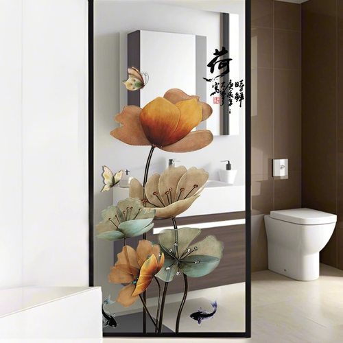 卫生间专用玻璃门贴荷花莲花图3d立体厨房墙贴纸自粘贴画防水遮丑