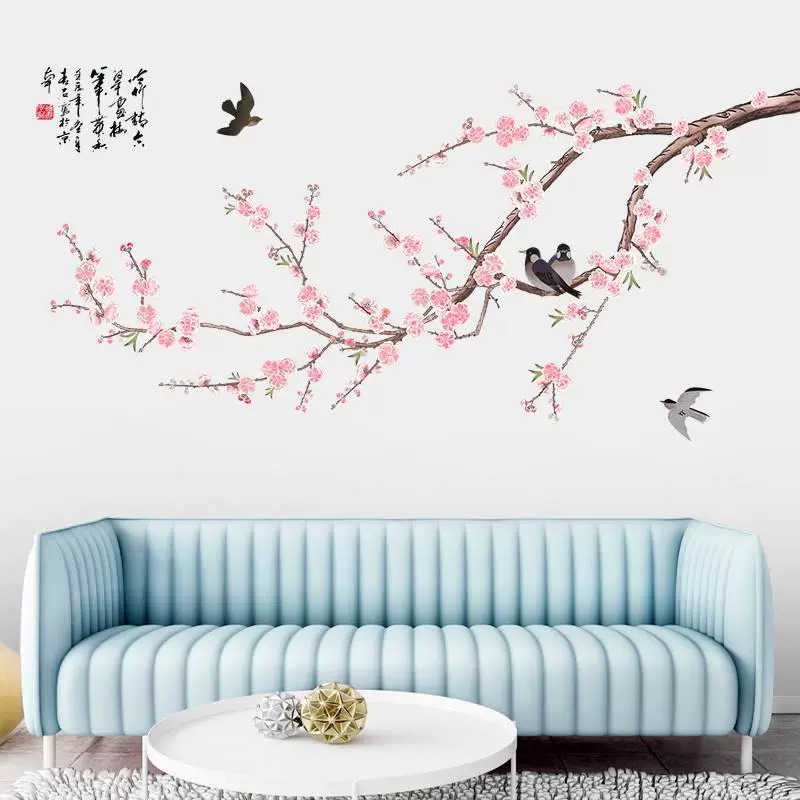 中式古典风桃花温馨春鸟图装饰画客厅沙发电视背景墙床头自粘贴画