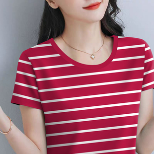 圆领显瘦宽松打底衫 夏季 妈妈装 T恤大码 女 条纹显瘦拼接胖mm短袖