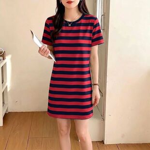 夏季宽松中年妈妈装条纹连衣裙女新款显瘦遮肚休闲气质中长款裙子