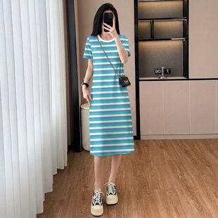 洋气大码显瘦条纹短袖连衣裙女士横条纹中老年妈妈装减龄连衣裙