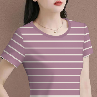 洋气圆领百搭新款 t恤女装 宽松版 条纹简约短袖 减龄中年妈妈装 夏款