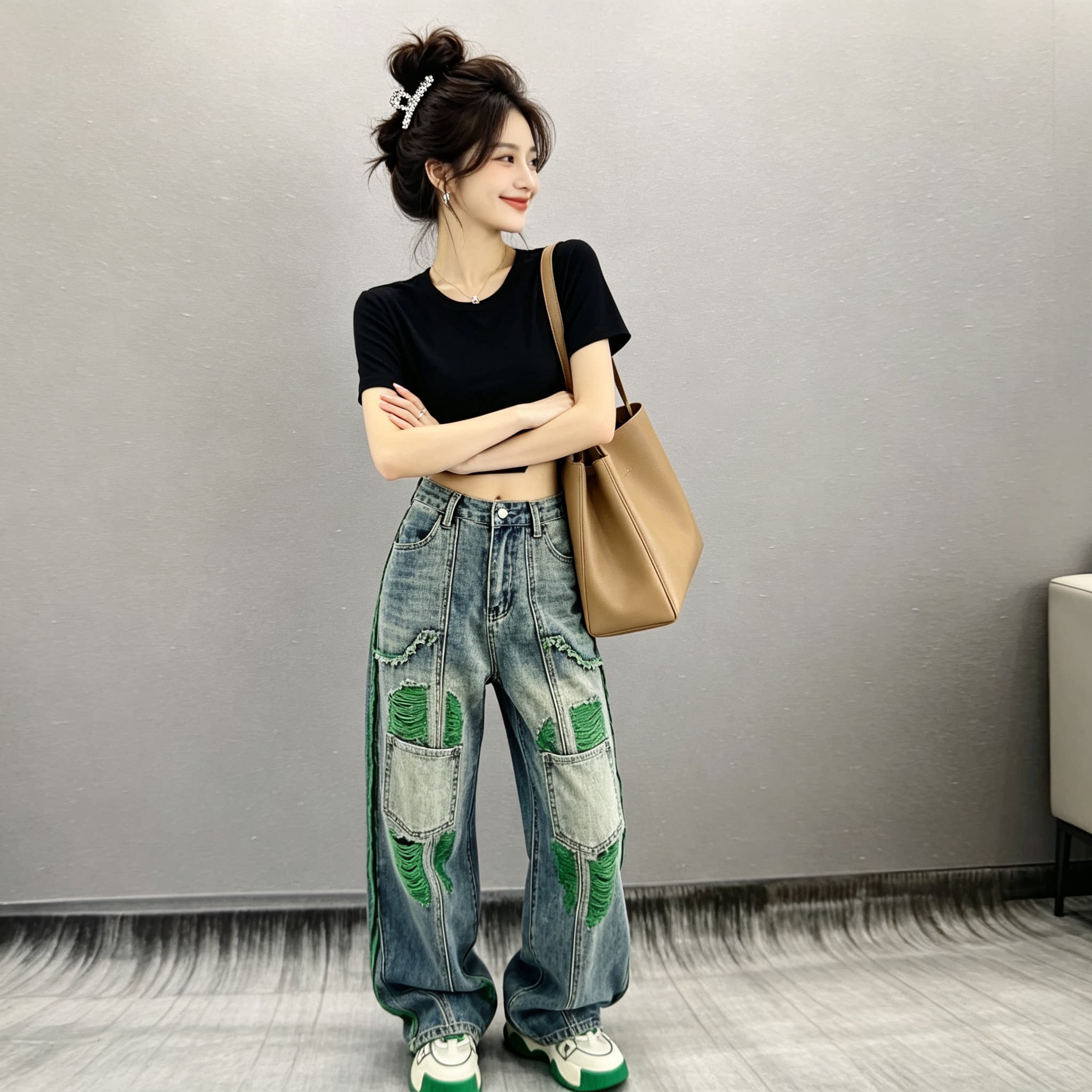 大码美式高街辣妹水洗休闲撞色破洞宽松遮肉显瘦阔腿拖地裤牛仔裤
