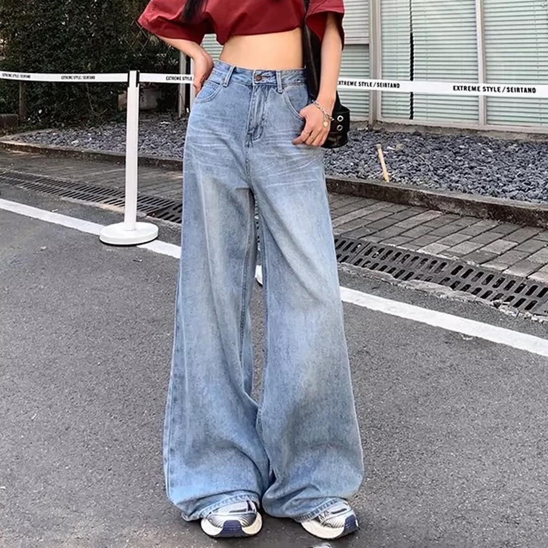 大码美式高街辣妹水洗浅蓝色宽松阔腿牛仔裤女高腰垂感直筒拖地裤