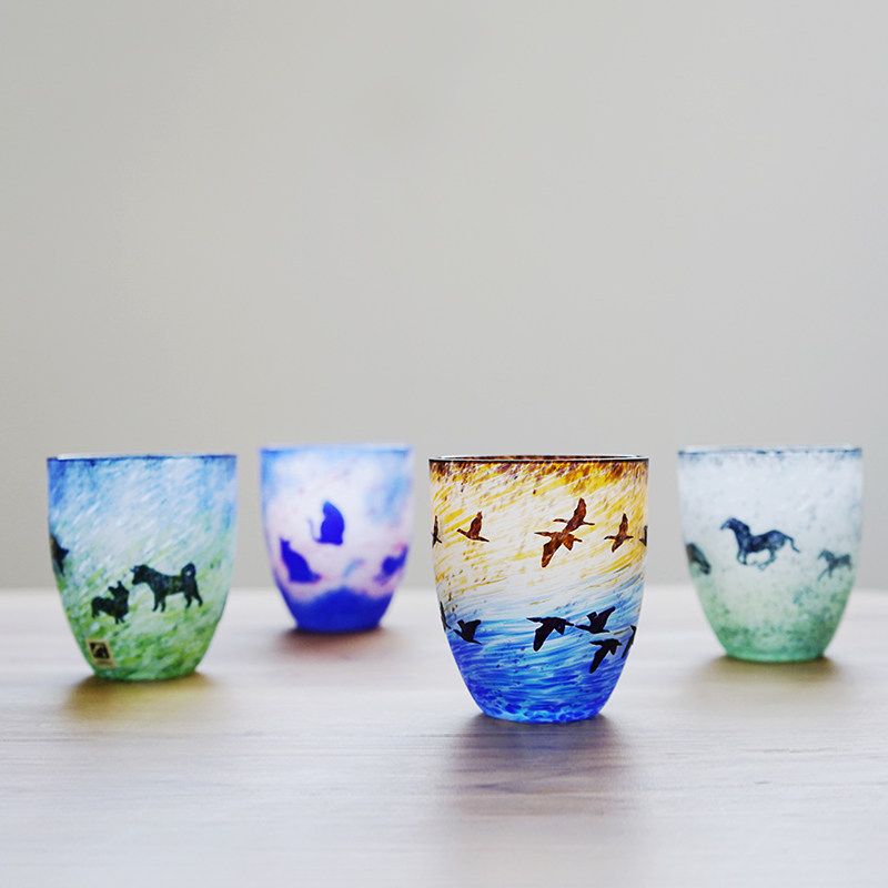藤原家 日本进口月夜野工房烧酎动物系列手工磨砂玻璃杯水杯茶杯