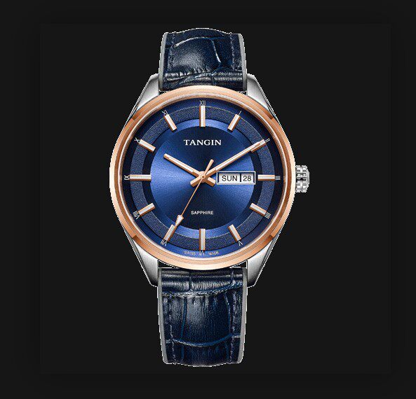 瑞士tangin天珺表星期日历石英表男士防水商务休闲真皮t6009ghbfs