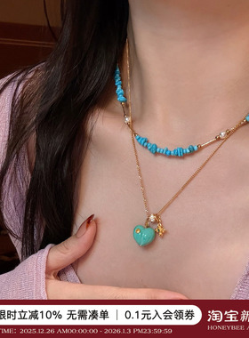 珐琅屁桃爱心吊坠绿松石项链女