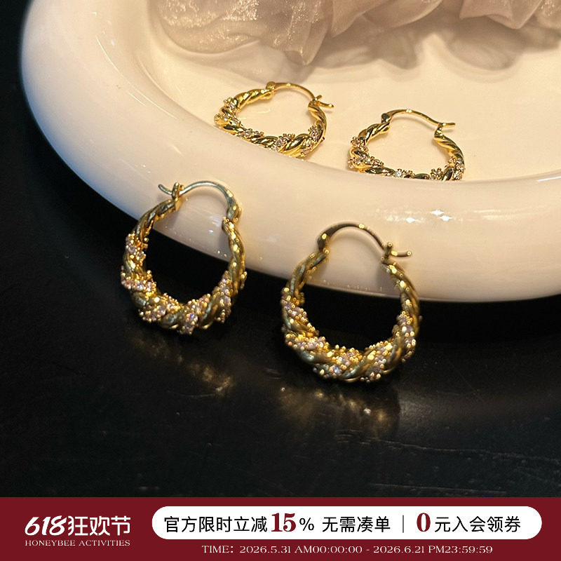 蜜蜂妈手作骄阳伴我简冰白百何同款麻花耳环女耳扣轻奢圆圈耳饰
