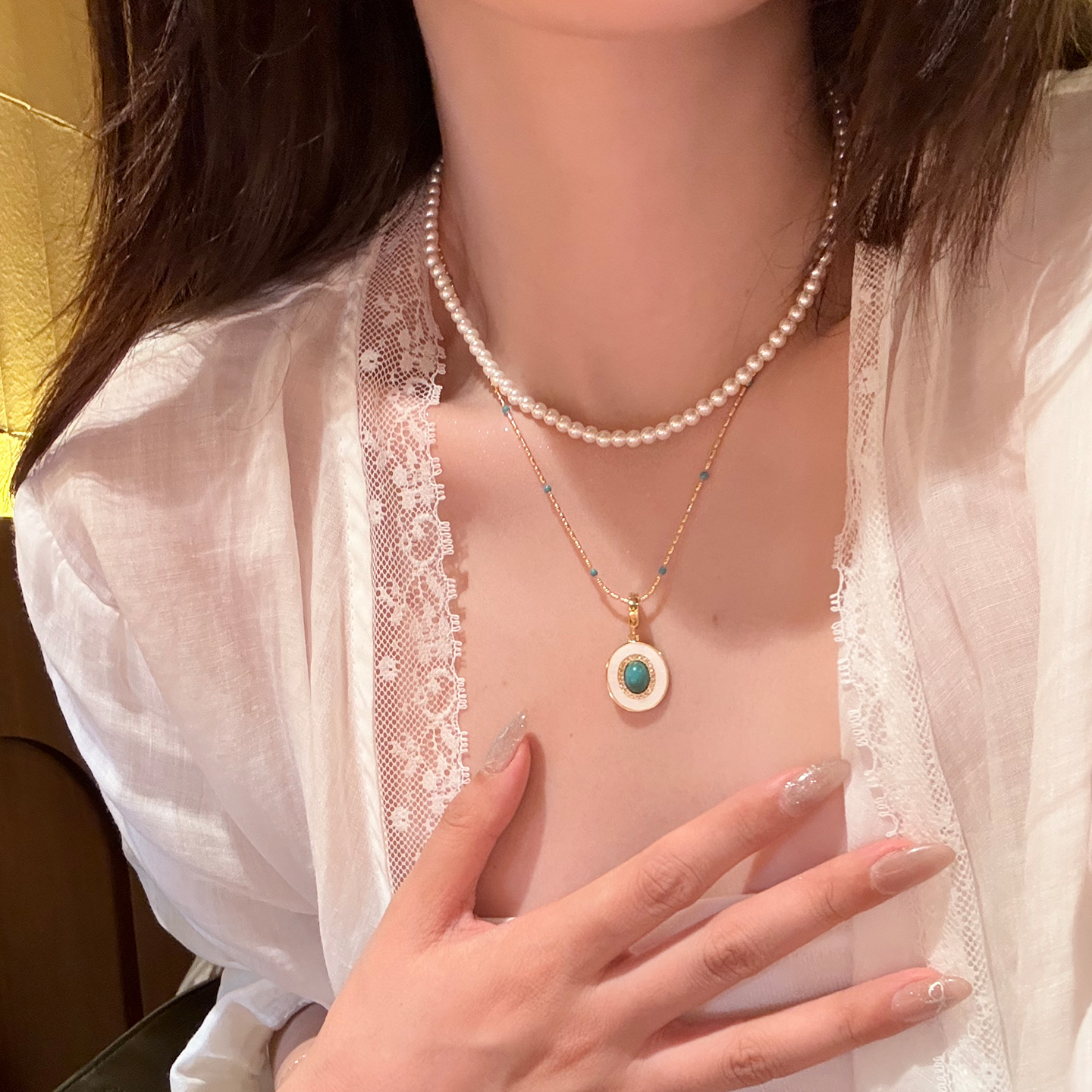 蜜蜂妈绿松石水晶珍珠项链女叠戴