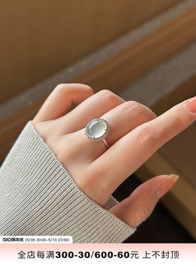 蜜蜂妈手作原创新中式天然高冰透白月光玛瑙戒指女纯银可调节指环