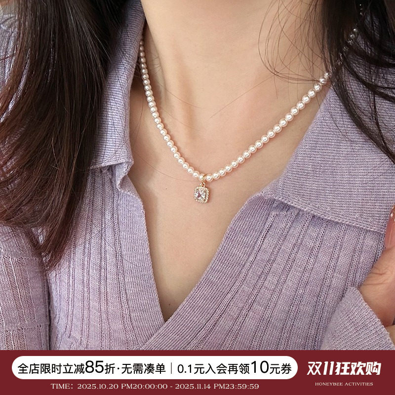 蜜蜂妈 承欢记杨紫同款施家小米珠镶钻方糖吊坠珍珠项链锁骨链女