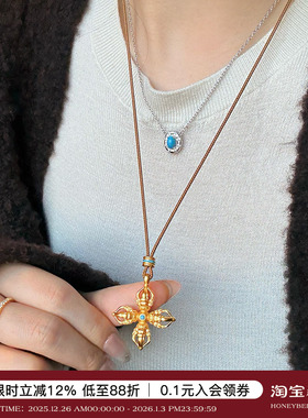 【新款88折】蜜蜂妈手作 双面镂空绿松十字金刚杵项链小众毛衣链