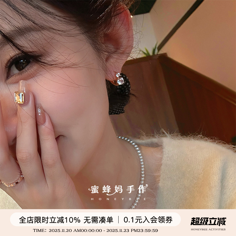 蜜蜂妈手作 气质简约双钻玫瑰金纯银耳圈女轻奢小众高级感耳环