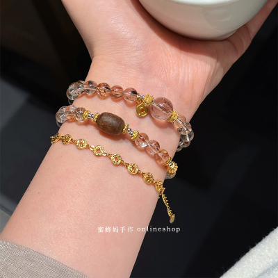 沉香木黑金超七双圈水晶手串女